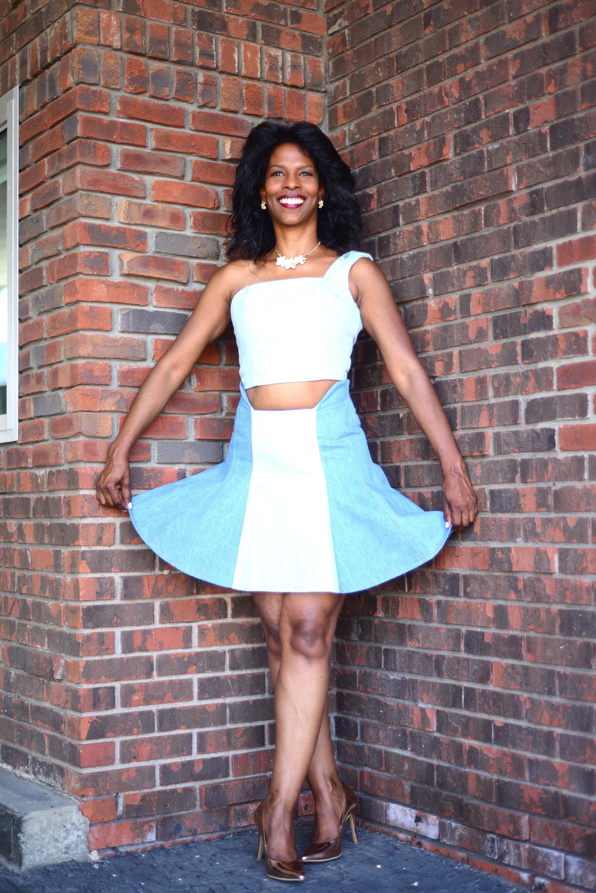 flared skirt denim dress ARRANGE denim long sleeve midi dress with full skirt in mid blue